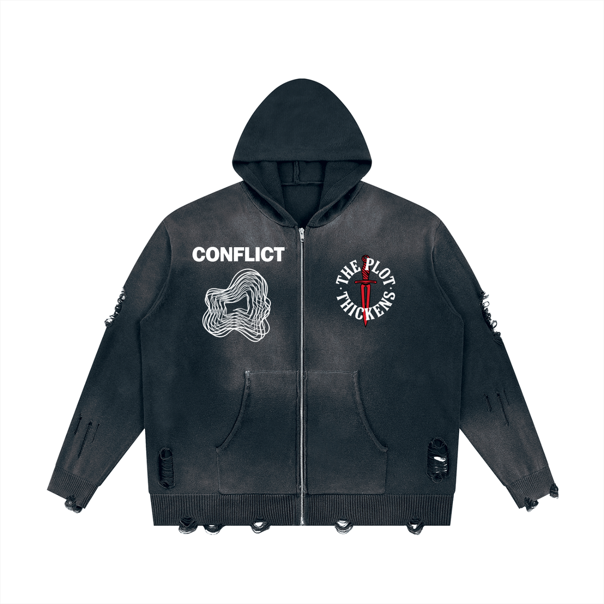 Plot Twist Conflict Distressed Full Zip Hoodie