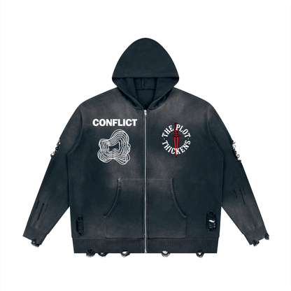 Plot Twist Conflict Distressed Full Zip Hoodie