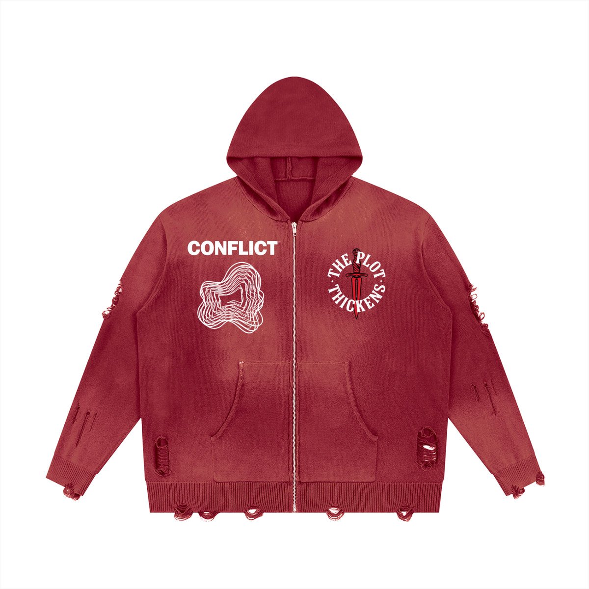 Plot Twist Conflict Distressed Full Zip Hoodie