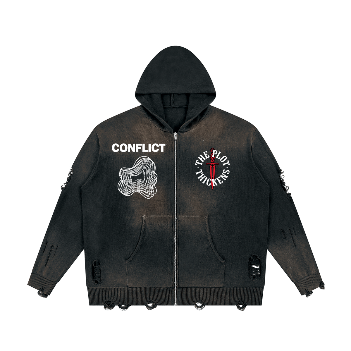 Plot Twist Conflict Distressed Full Zip Hoodie