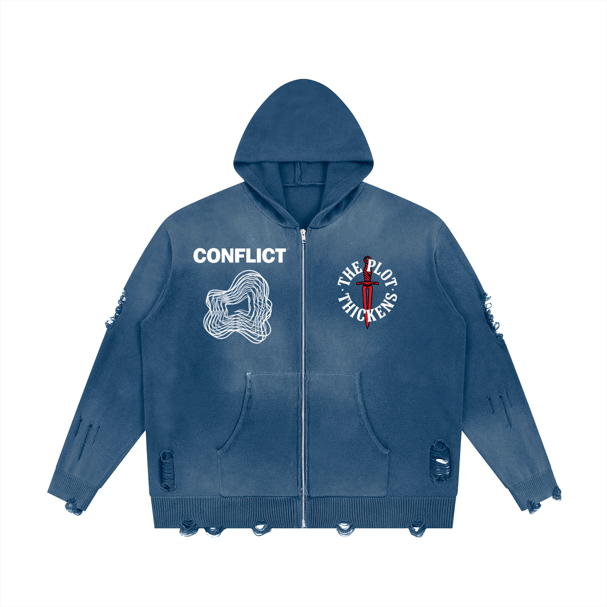 Plot Twist Conflict Distressed Full Zip Hoodie